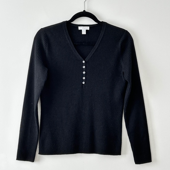 3/$20🌻Charter Club Black Wool Ribbed Henley V-Neck Sweater - Picture 1 of 16